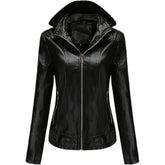 Winter Black Hooded Motorcycle Pure Sheepskin Leather Jacket For Women